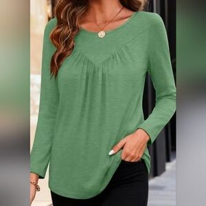 Green Heathered Long Sleeve Pleated Casual Tunic Top